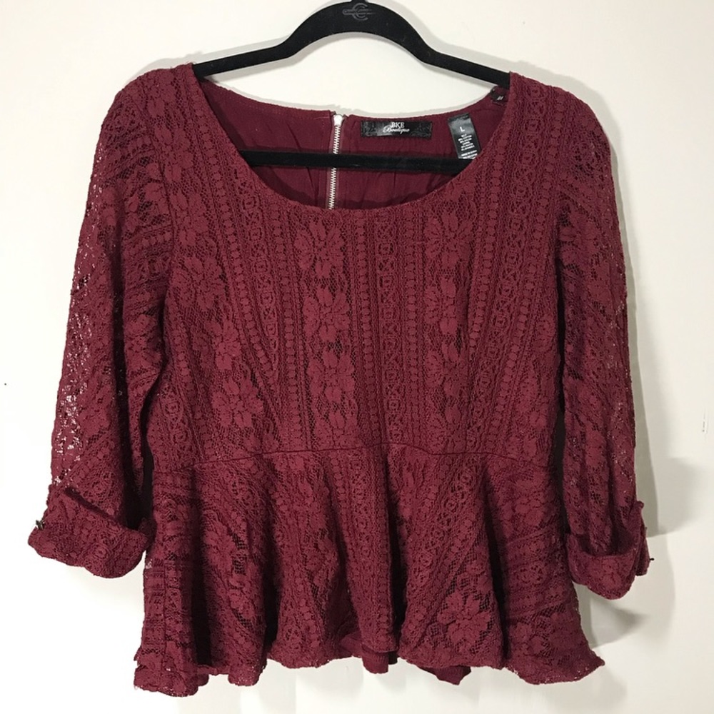 BKE Boutique Maroon Lace Peplum Top